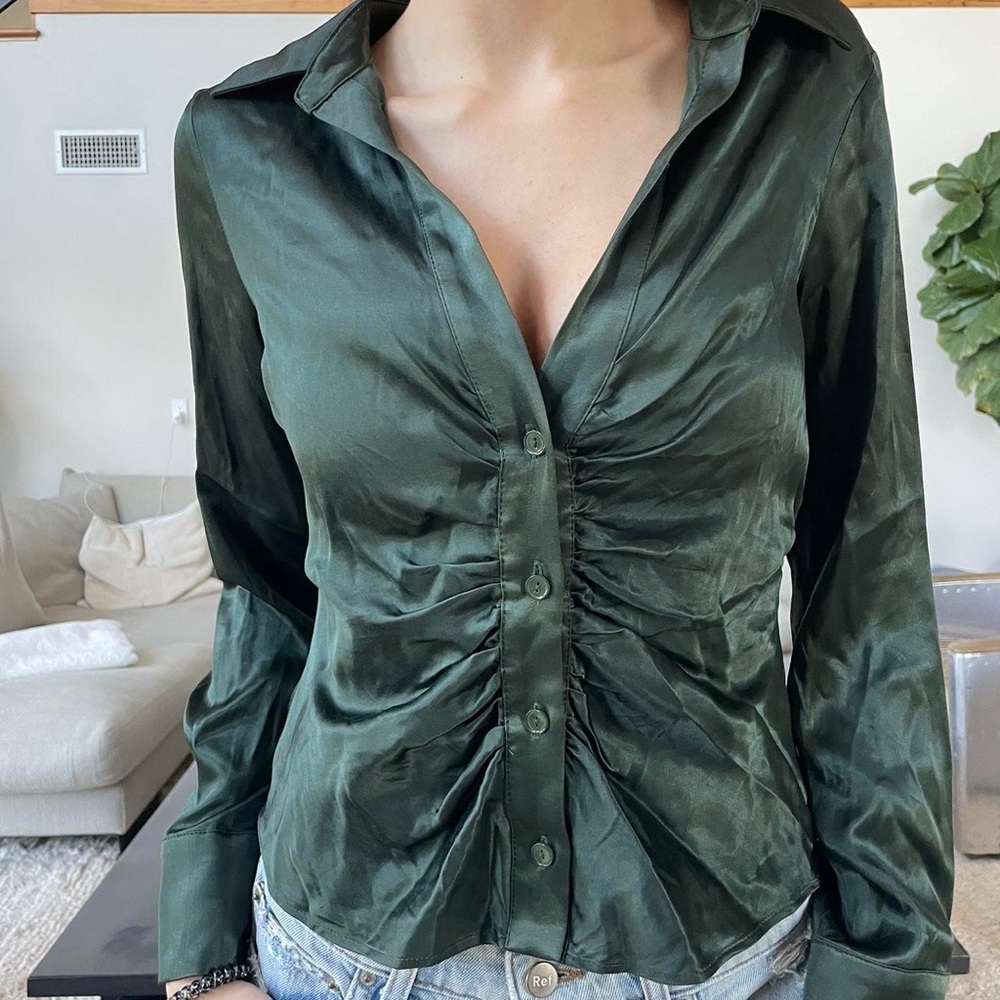 ZARA Dark Green Satin Button-Up Blouse XS